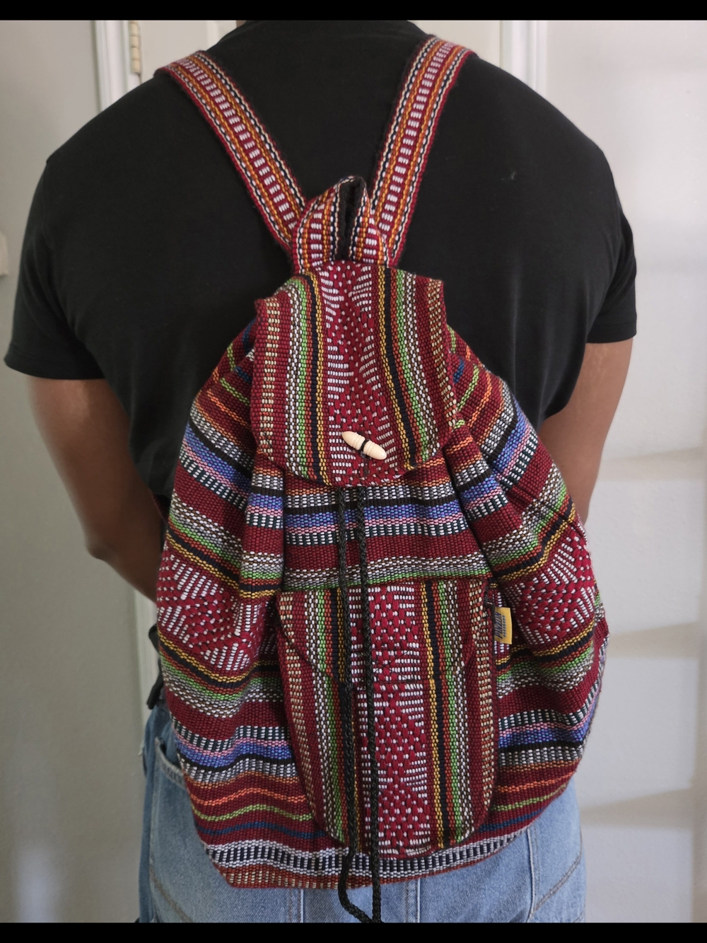 Handwoven Red Multicolor Drawstring Backpack, Made In MEXICO